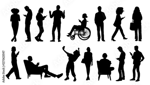 Silhouettes of Diverse people using gadgets. Men, women, disabled person in wheelchair holding smartphones, texting, talking. Male, female black Vector icons isolated