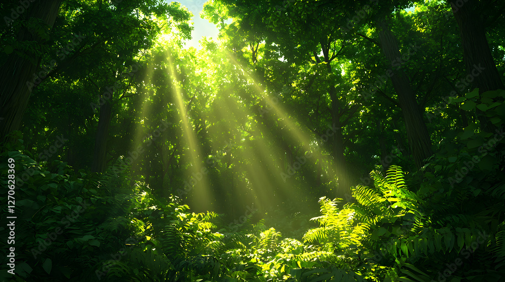 Obraz premium Sunlight Through Vivid Green Forest Canopy Illuminating Verdant Undergrowth Creating Peaceful Woodland Scene