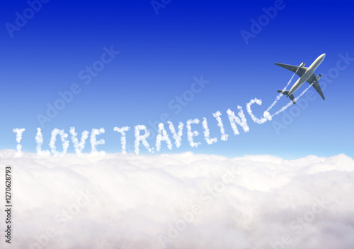 Blue sky with aircraft and Jet trailing smoke. Horizontal banner with airplane drawing a word I love traveling in sky. Topic of summer holiday, travel, trip abroad on vacation, cruises and tours photo