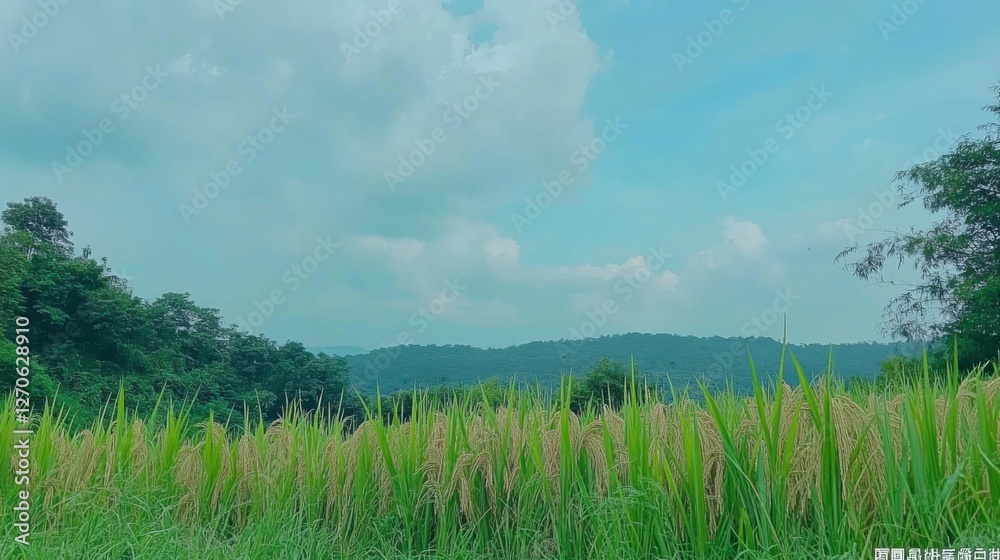 Naklejka premium Lush Green Rice Fields Under Blue Sky with Fluffy Clouds