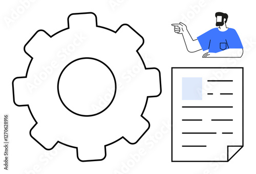 Gear, the figure of a man in a blue shirt pointing, and a document evoke themes of teamwork, efficiency, and project management. Ideal for productivity, organization, process improvement