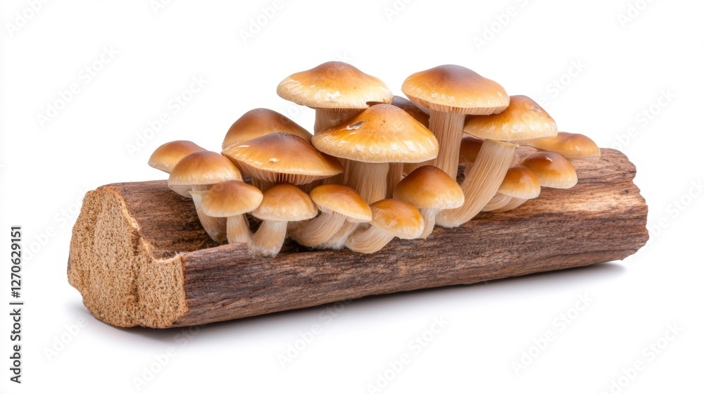 Fresh Mushrooms Growing on Wooden Log with White Background. Generative AI Fresh Mushrooms Growing on Wooden Log with White Background. Generative AI
