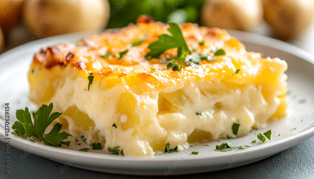 Potato gratin (casserole) with cream, cheese and parsley on white plate Potato gratin (casserole) with cream, cheese and parsley on white plate