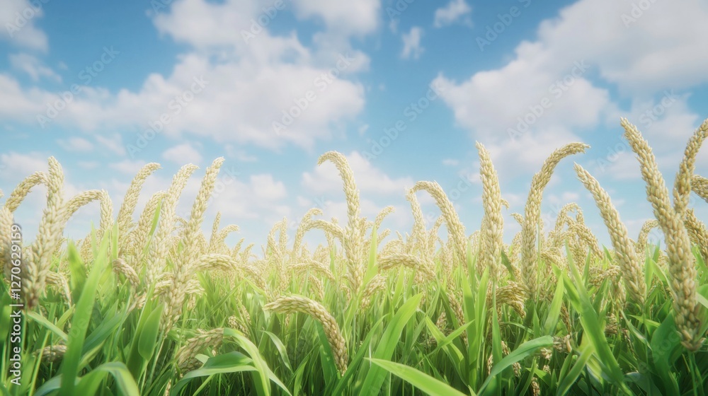 Obraz premium Lush Green Rice Field Under Bright Blue Sky with Fluffy Clouds