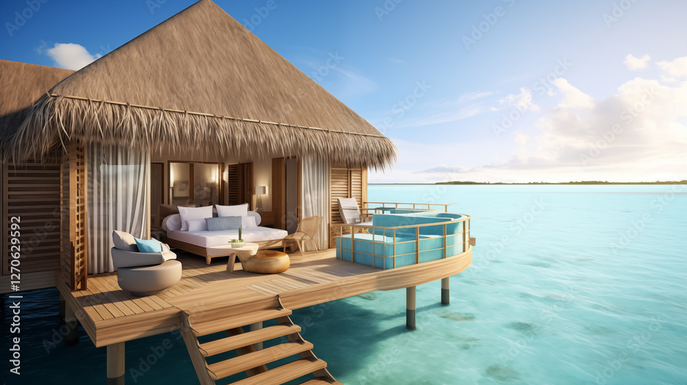 Fototapeta premium Island resort with overwater bungalow, thatched-roof house on stilts, large windows, lounging areas over turquoise waters, serene beach paradise with palm trees.