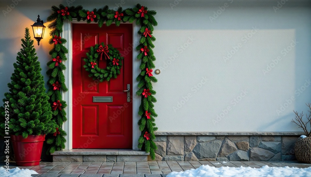 Fototapeta premium Front door adorned with pine and holly garland, , holiday decoration, seasonal decor