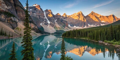 Papier peint photo Canada Serene Sunrise Over Spire Mountains Reflecting in Tranquil Lake - Minimalist Landscape Photography Concept for Tourism Promotion  © Caitlin