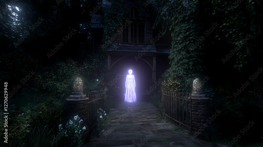 Fototapeta premium Ethereal Figure in a Haunted Estate Illuminated by Moonlight Mystery and Supernatural Presence