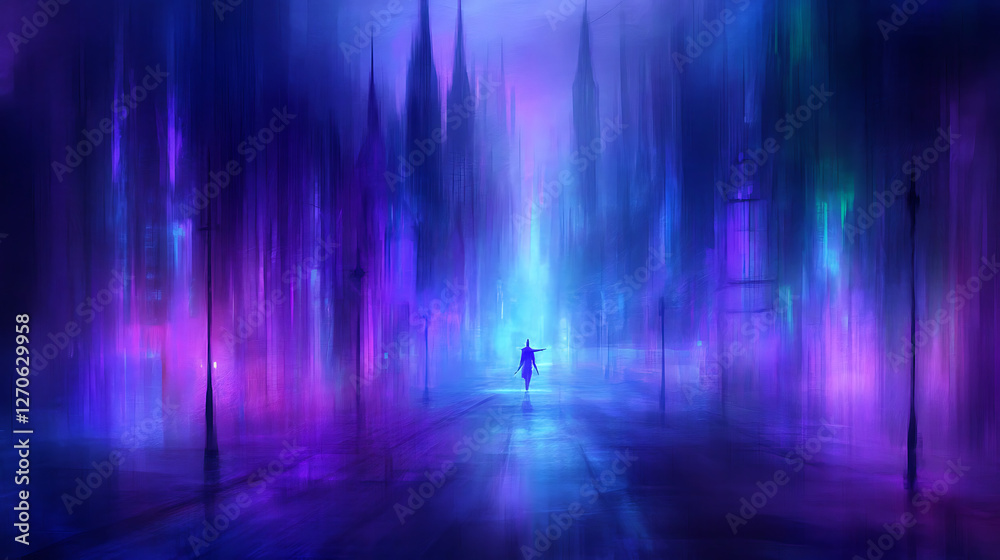 Fototapeta premium Ethereal Figure Traversing a Neon Cityscape Radiant with Blue and Purple Urban Lights