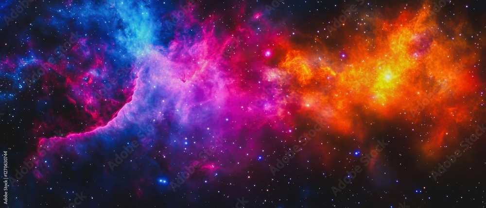 Naklejka premium A colorful galaxy with a purple cloud in the middle. There are many stars in the sky. The sky is mostly orange and yellow