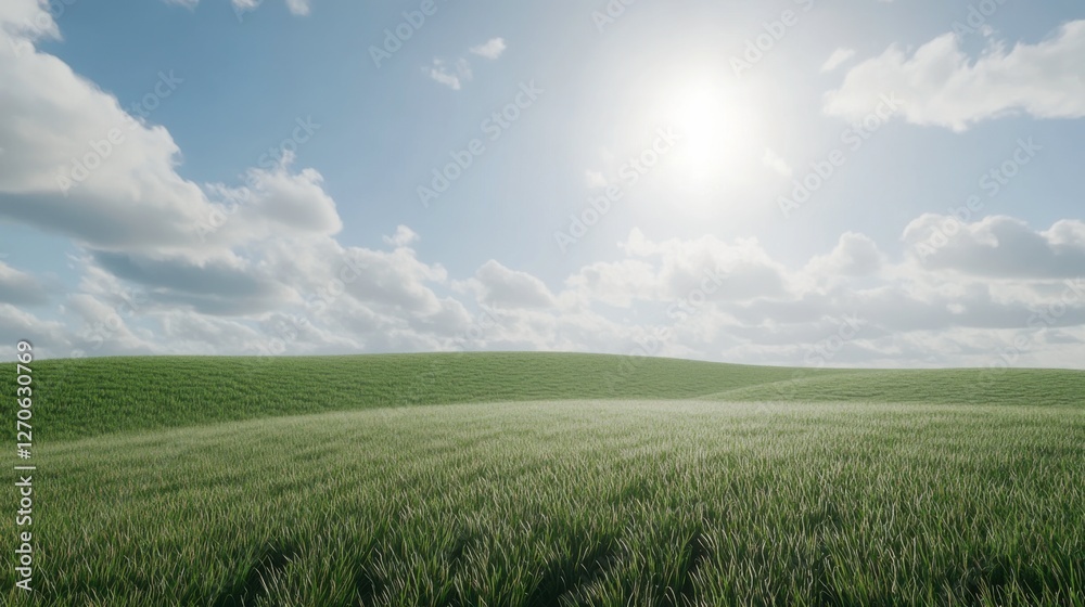 Lush Green Field Under Bright Blue Sky with Soft White Clouds Lush Green Field Under Bright Blue Sky with Soft White Clouds