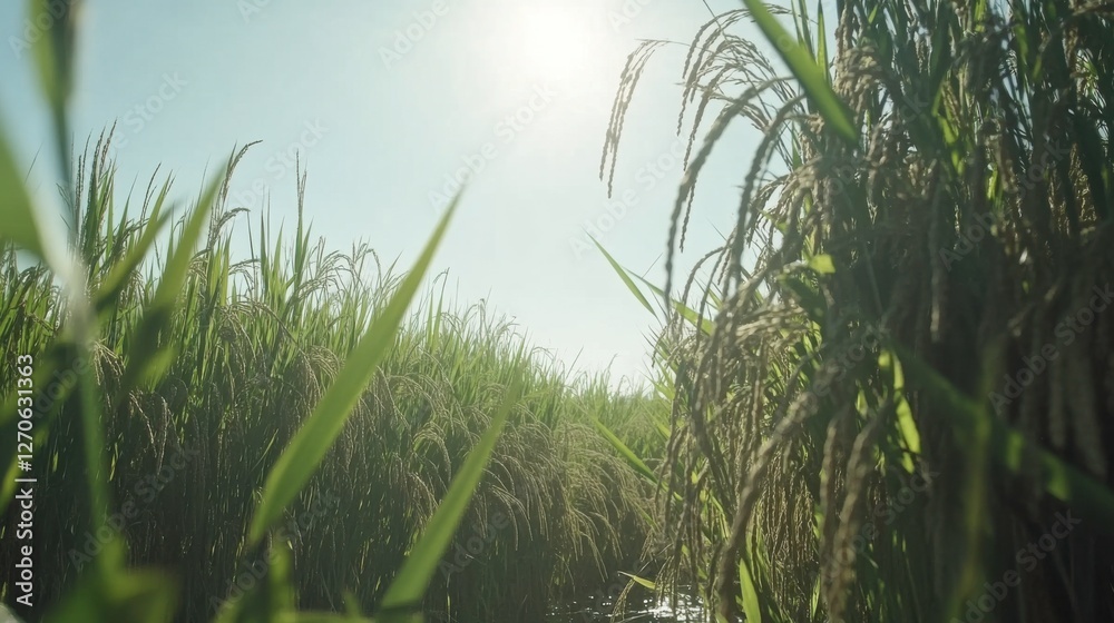 Fototapeta premium Lush Green Rice Fields Under a Bright Blue Sky with Sunlight