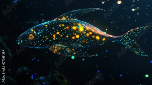 Illuminated fish swimming in deep sea underwater scene digital art aquatic environment close-up vibrant colors