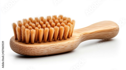 Wooden Hair Brush with Natural Bristles on White Background. Generative AI photo