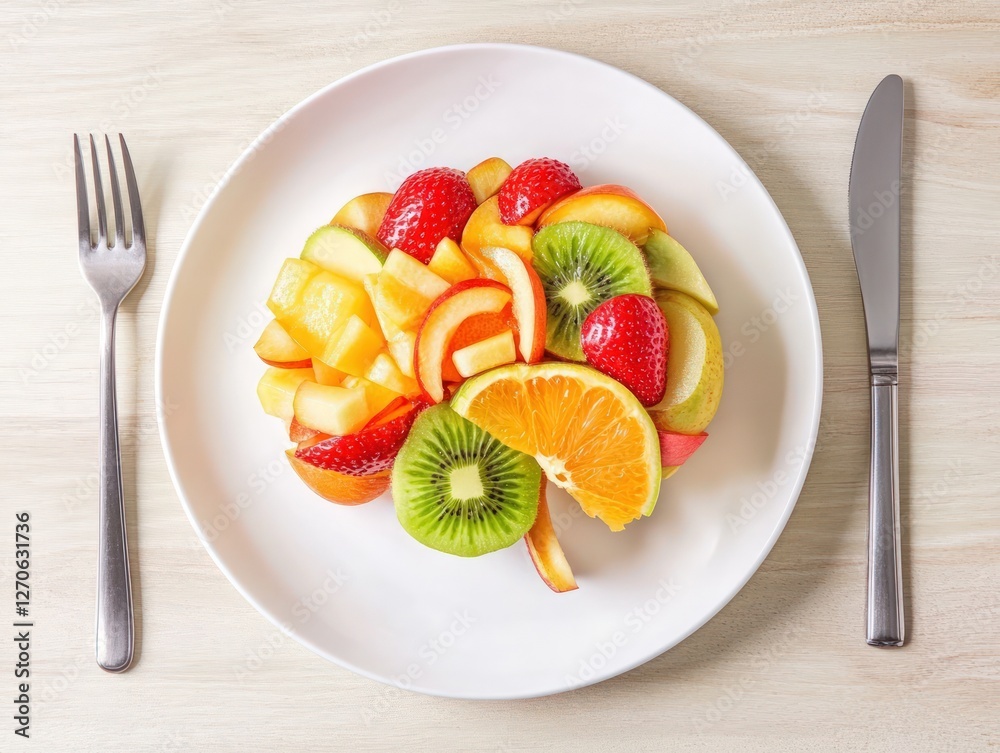 Colorful Fruit Salad on White Plate with Cutlery Colorful Fruit Salad on White Plate with Cutlery