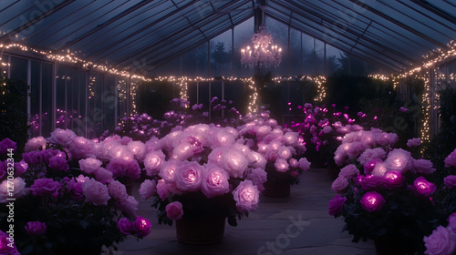 Ethereal Glow Indoor Greenhouse Garden of Roses Illuminated by String Lights and Chandelier Ambiance photo