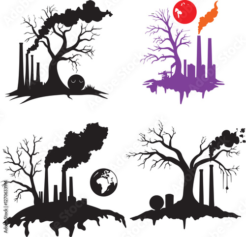 Silhouette of Dead Tree Industrial Chimni with World Icon, Show Pollution