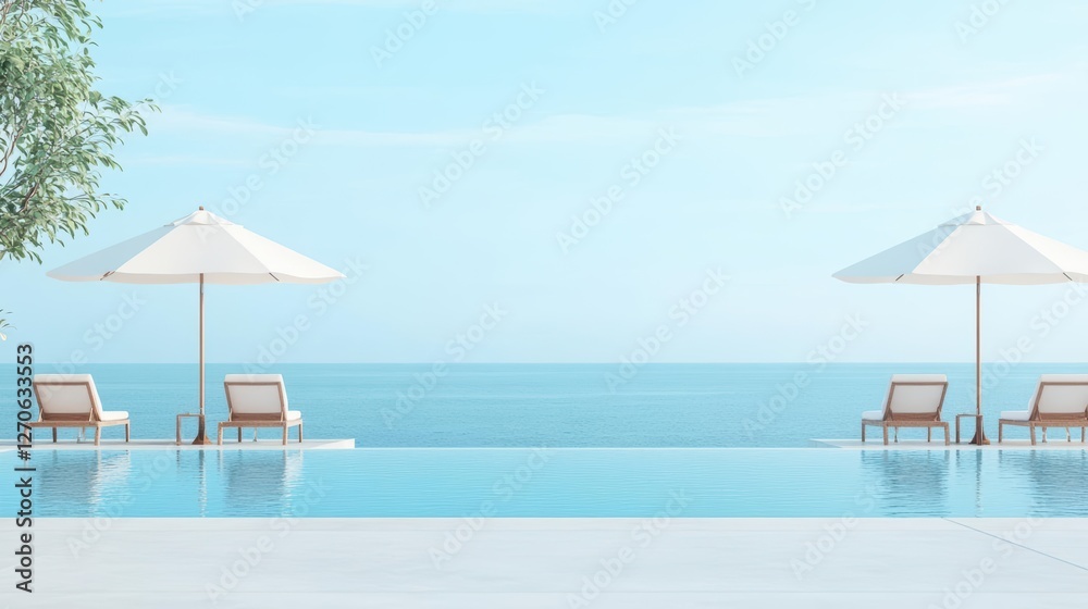 Obraz premium Tranquil Poolside Oasis Featuring Two Comfortable Lounge Chairs Under Stylish Umbrellas Surrounded by Lush Greenery and Inviting Relaxation Atmosphere