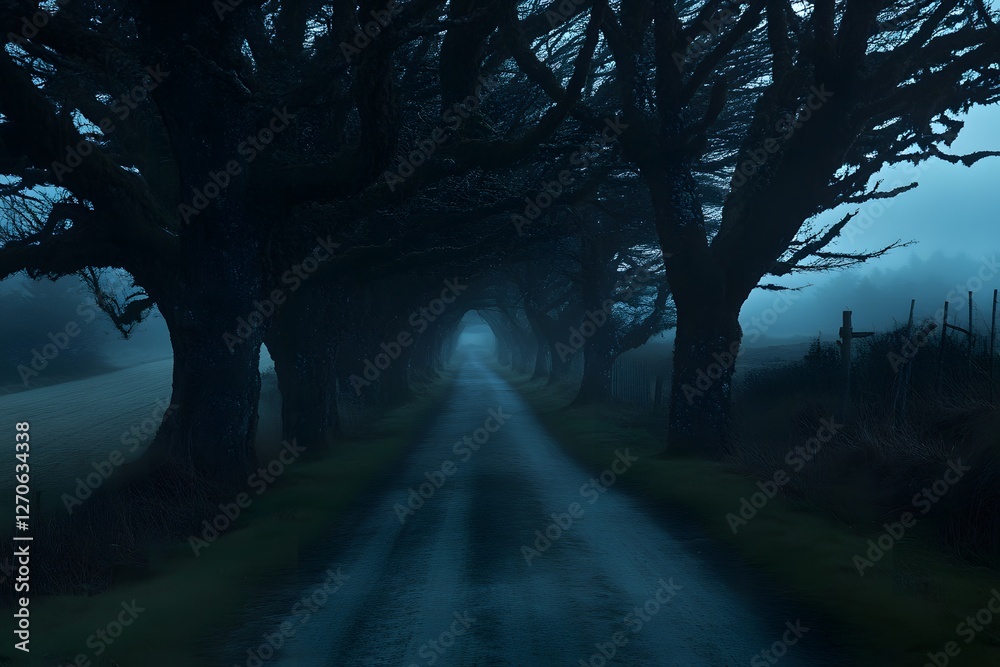 Obraz premium Foggy road, tree tunnel, dusk, rural landscape, mystery