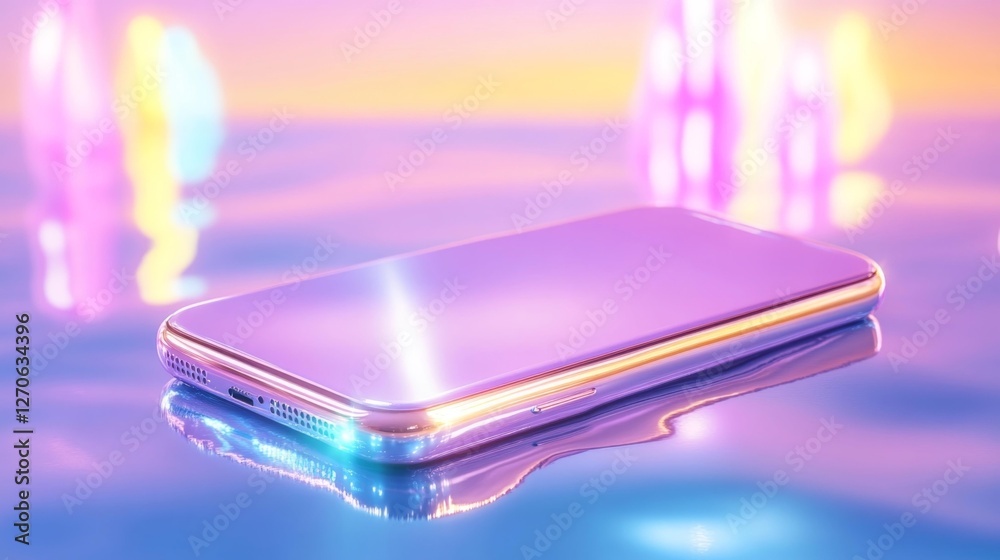 Modern mobile phone on colorful background with neon lights. Generative AI Modern mobile phone on colorful background with neon lights. Generative AI
