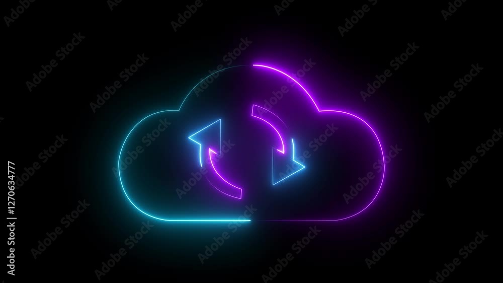 Glowing neon line Cloud arrow icon animation on black background. 4k video. Neon glow Data storage icon concept. animation sign icon business sign icon amazing set business icon technology.