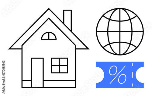 House icon, globe symbol, and discount card representing real estate, global connectivity, and price reductions. Ideal for real estate, globalization, finance, economics marketing savings