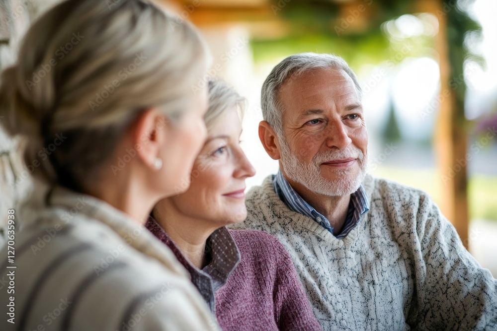 Three people enjoying a warm conversation outdoors, surrounded by nature, showcasing a cozy and friendly atmosphere Three people enjoying a warm conversation outdoors, surrounded by nature, showcasing a cozy and friendly atmosphere
