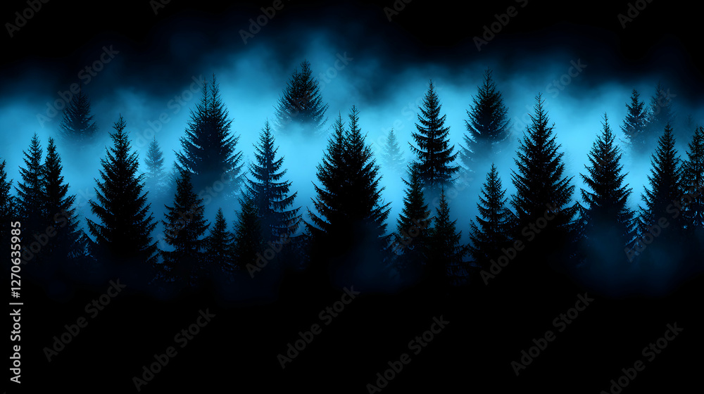 Fototapeta premium Moody Teal Forest Background with Tree Silhouettes on Dark Night