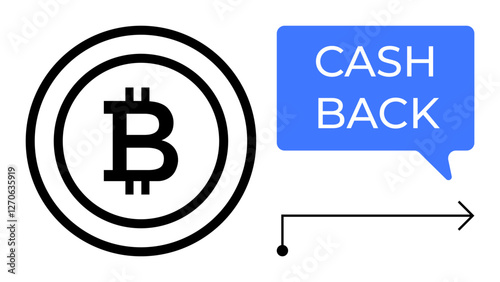 Bitcoin coin icon next to a blue speech bubble reading Cash Back with a directional arrow. Ideal for cryptocurrency, finance, digital rewards, blockchain, investment incentives, financial strategies