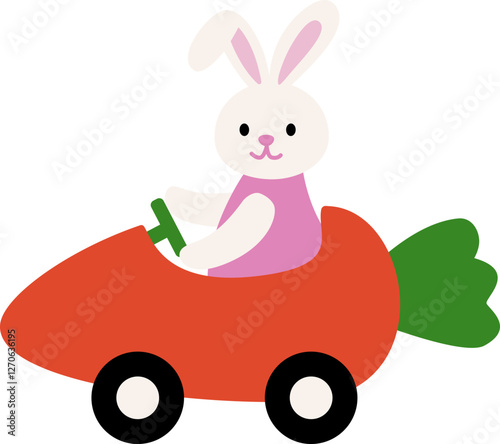 Cute bunny character driving carrot car. 
Easter rabbit elements.
Flat vector stock illustration.
Transparent background.
