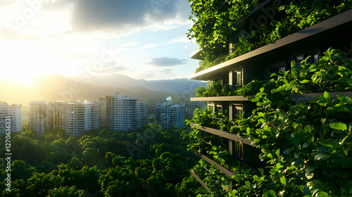 Sustainable Building Facade with Lush Greenery at Sunset Overlooking Urban Landscape