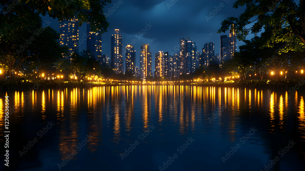 Fototapeta premium Night Cityscape Reflecting in Calm Lake Waters with Illuminated Buildings and Tranquil Urban Park Ambiance