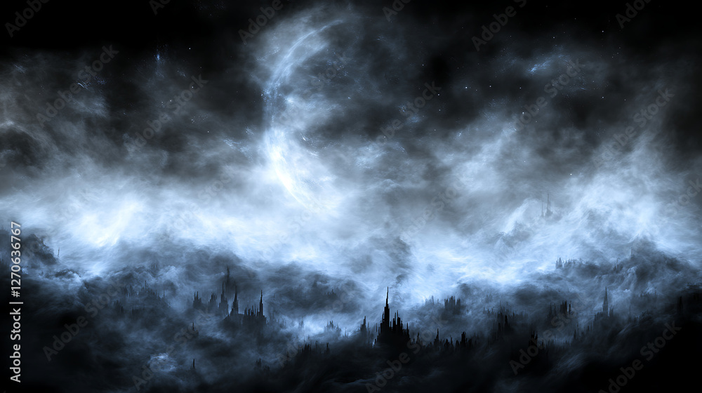 Obraz premium Ethereal Metropolis Beneath Celestial Nebulae and Misty Skies Fantasy World Imagination Art 90 Char