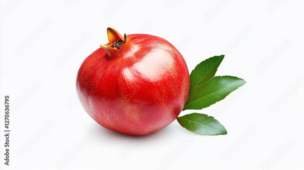 Fresh Pomegranate Fruit with Green Leaves Isolated on White Background. Generative AI Fresh Pomegranate Fruit with Green Leaves Isolated on White Background. Generative AI