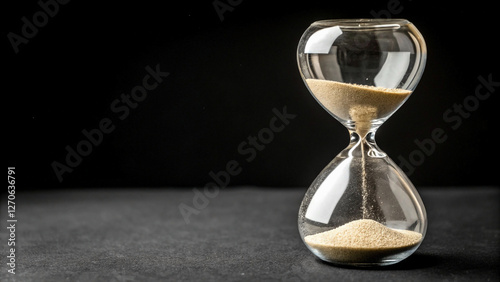 Timeless Flow: Wooden Hourglass with Sand Gently Streaming Down and black background