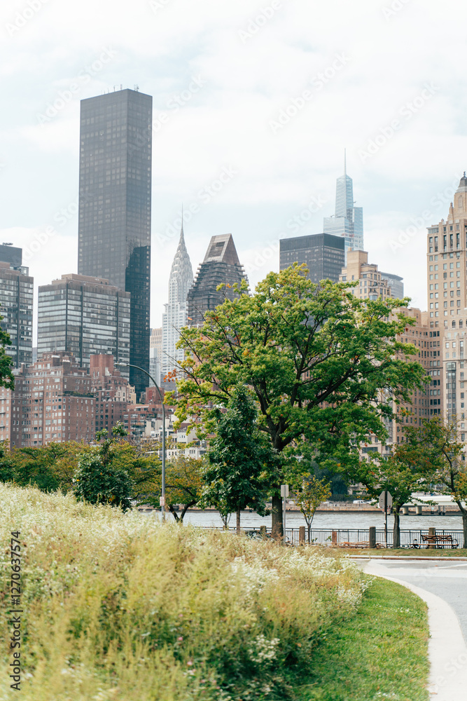 Autumn skyline view of New York City with green foreground and m Autumn skyline view of New York City with green foreground and m