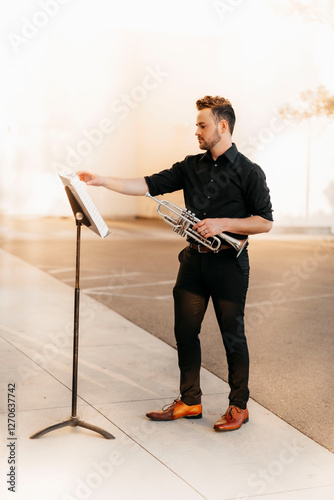Elegant jazz soloist radiates charm and confidence in outdoor portrait