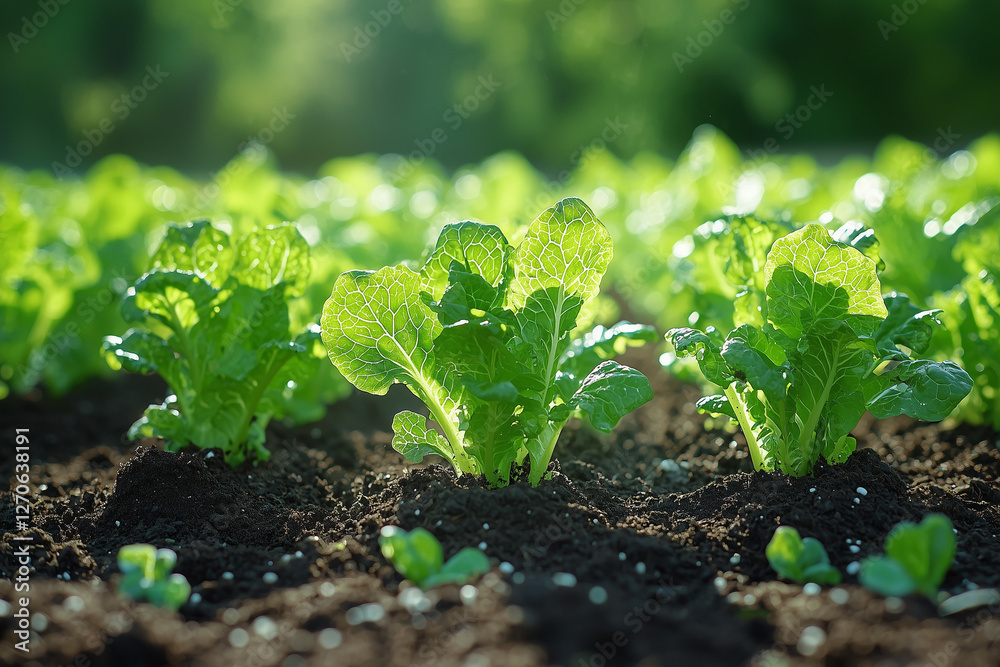 Obraz premium Lush vegetable garden with vibrant green plants growing under sunlight, showing healthy crops and rich soil, with a gardener caring for the plants.
