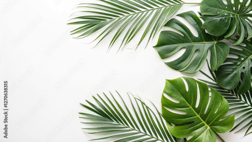 Tropical Leaves Frame for Summer Design, Flat Lay on White Background, Perfect for Seasonal Promotions and Creative Projects Tropical Leaves Frame for Summer Design, Flat Lay on White Background, Perfect for Seasonal Promotions and Creative Projects