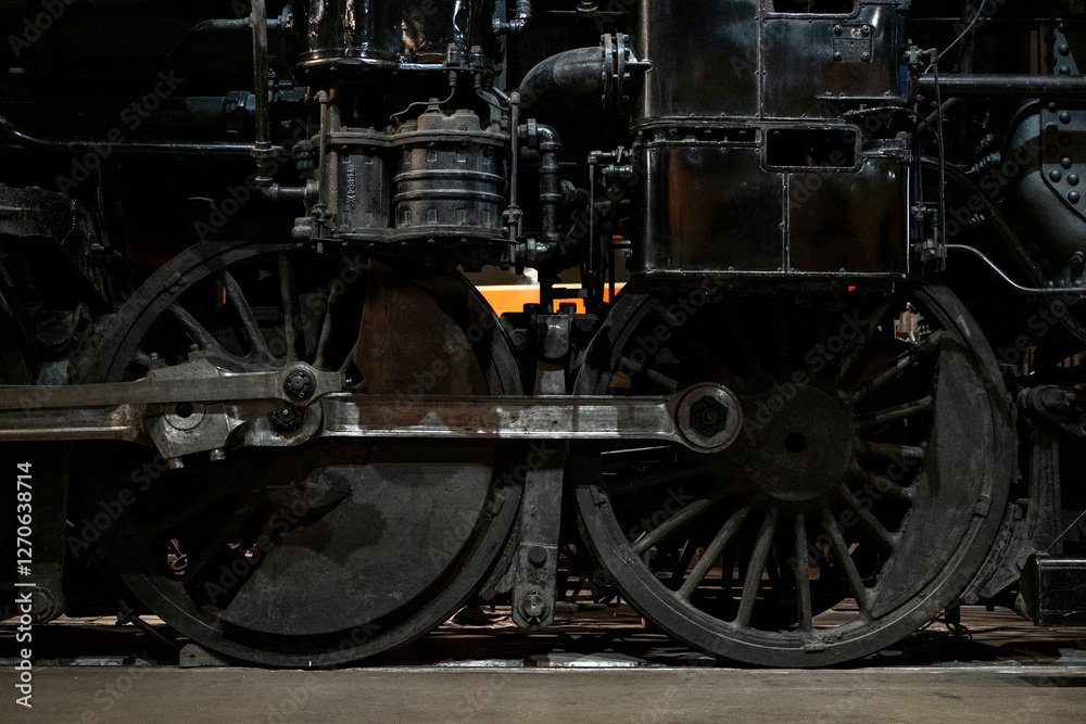 Steam engine wheels and driver museum display Steam engine wheels and driver museum display