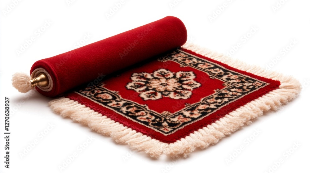 Rolled Red Oriental Rug with Floral Design. Generative AI Rolled Red Oriental Rug with Floral Design. Generative AI
