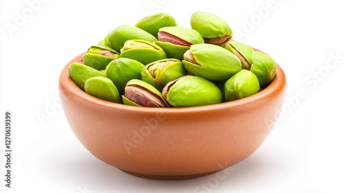 Wallpaper Mural Pistachios in a small terracotta bowl on a white background. Generative AI Torontodigital.ca