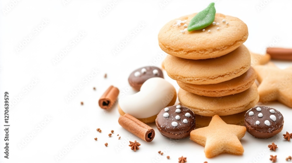 Close-up View of Delicious Cookies and Cinnamon Sticks on a White Background. Generative AI