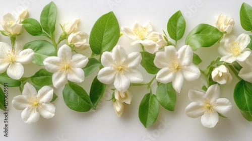 Beautiful close-up of white jasmine flowers with fresh green leaves isolated on white background. Generative AI
