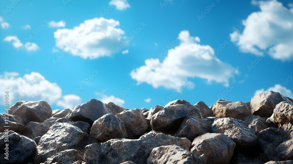 Pile of Dark Stones Under Blue Sky with White Clouds on a Sunny Day Pile of Dark Stones Under Blue Sky with White Clouds on a Sunny Day