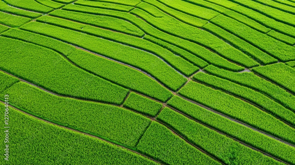 Fototapeta premium Green Rice Terraces in Smooth Patterns and Lines Under Bright Sunlight