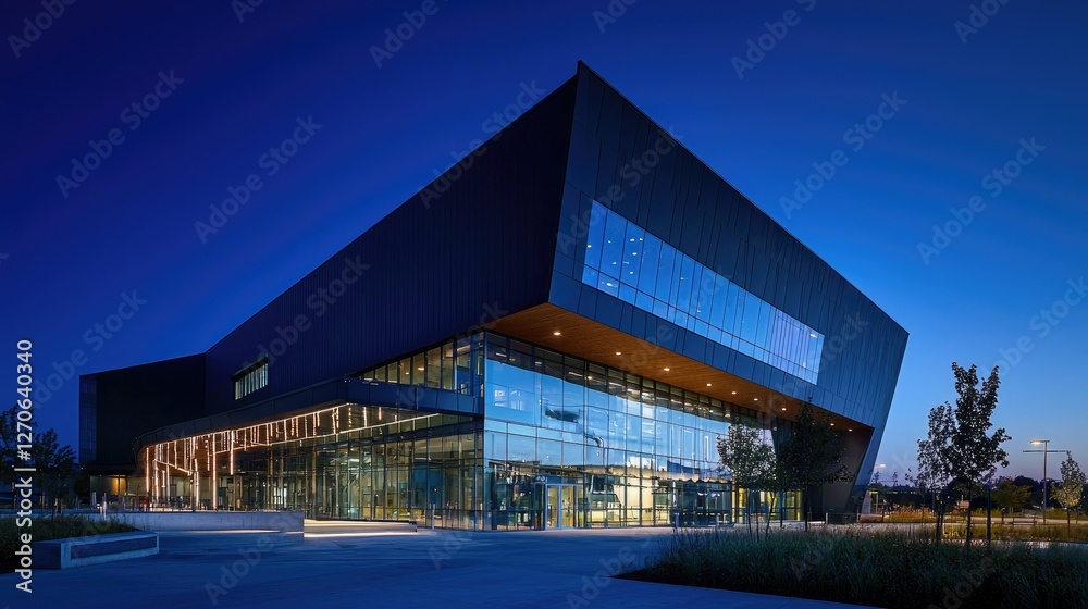 Fototapeta premium Modern architecture, a building's corner perspective, a blue tone, a glass curtain wall, geometric shapes