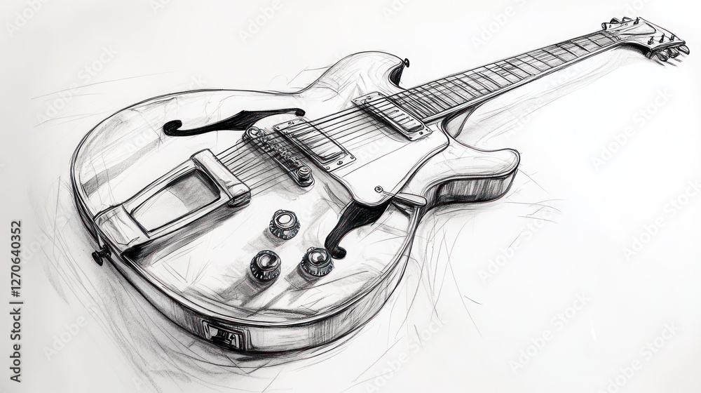 Detailed, realistic, hand-drawn sketch of an electric guitar.