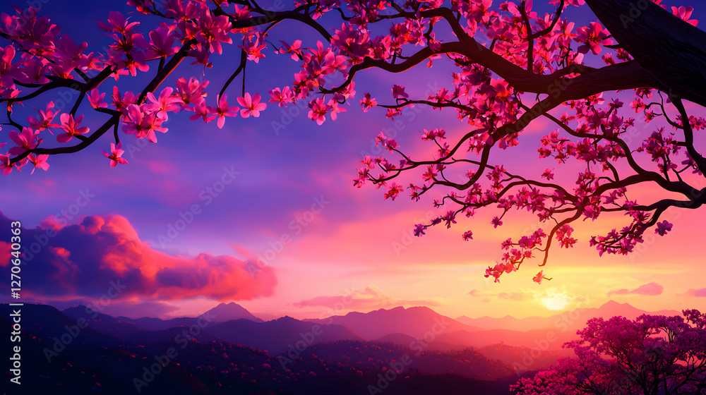 Obraz premium Pixel Art Landscape of Cherry Blossoms at Sunset with Mountains and Colorful Sky