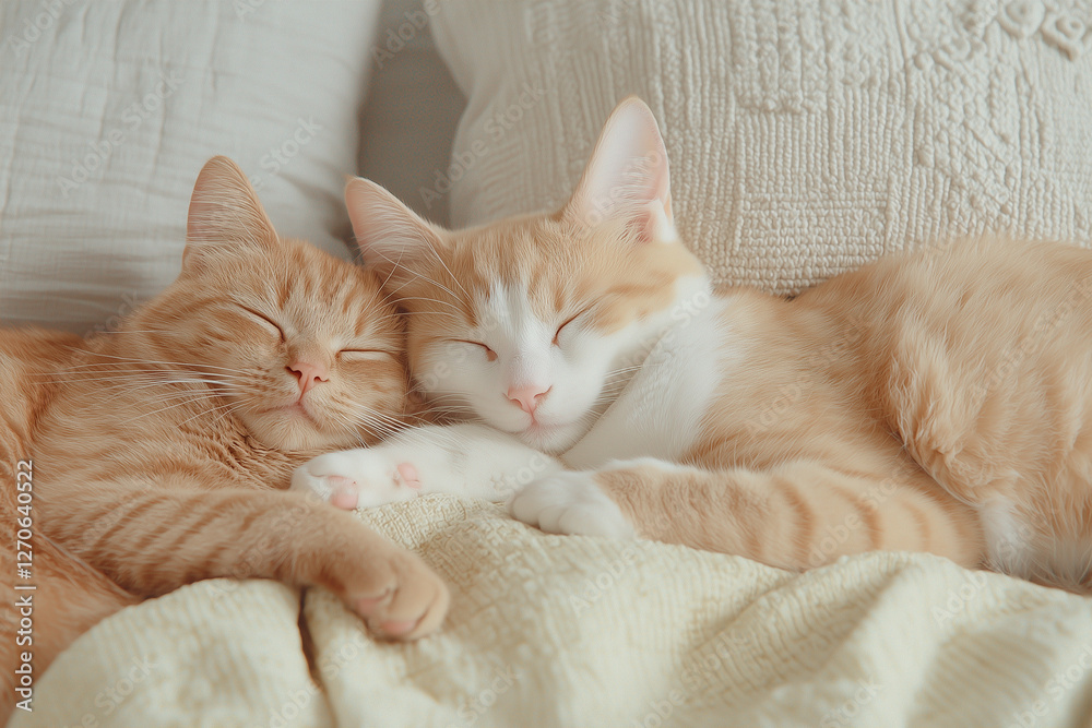 Two kittens cuddling on a couch with soft fur and curious eyes, creating a heartwarming home scene. Two kittens cuddling on a couch with soft fur and curious eyes, creating a heartwarming home scene.